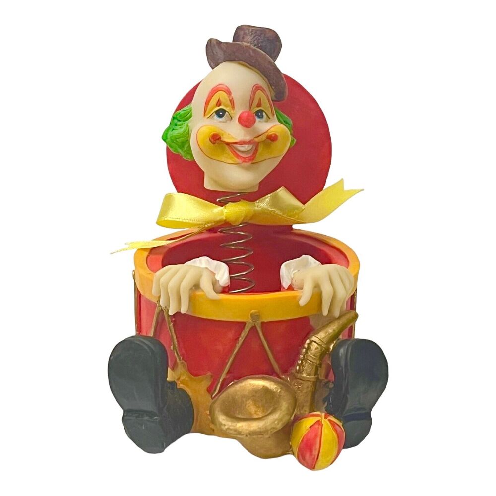 Jack In The Box Clown In Drum Figurine Spring Head 5" Cake Topper 26cb Label Vtg